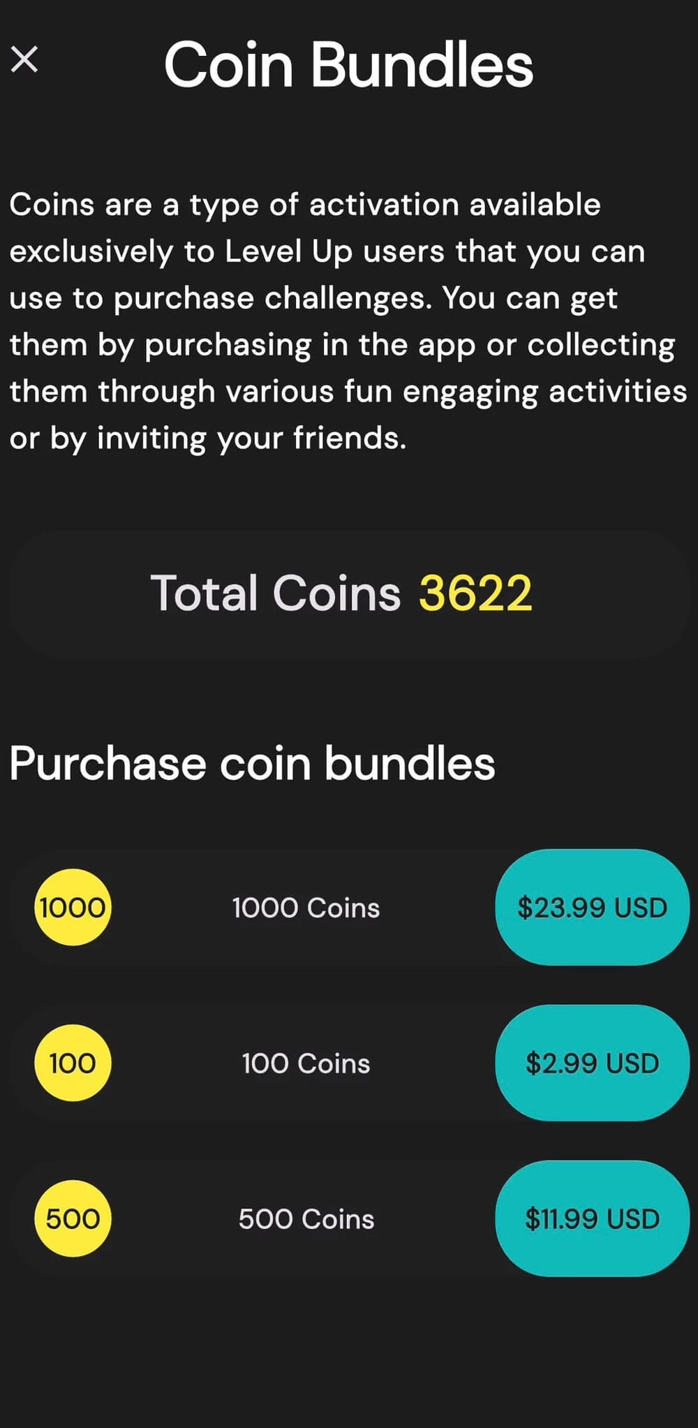 The app's coin screen, where coins are earned or bought and spent on challenges.