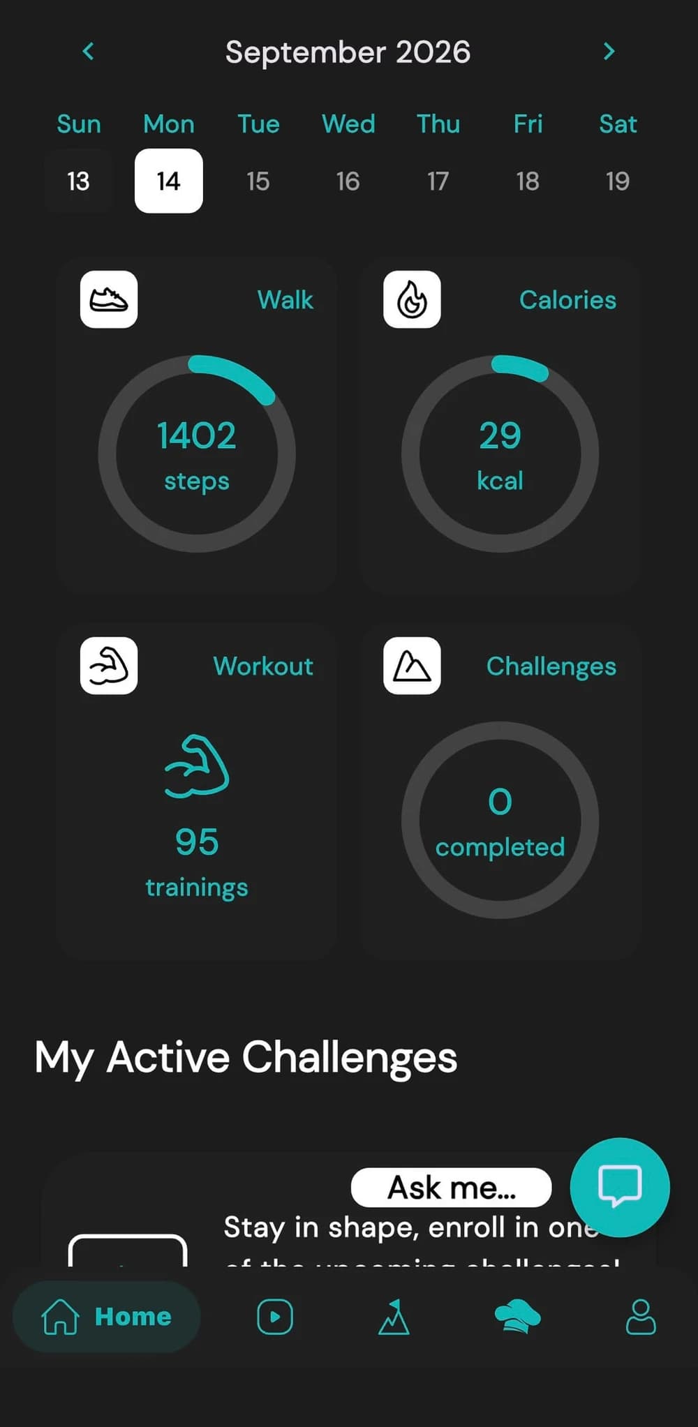 The app's home screen: the week's calendar with steps, calories, workouts completed and active challenges.