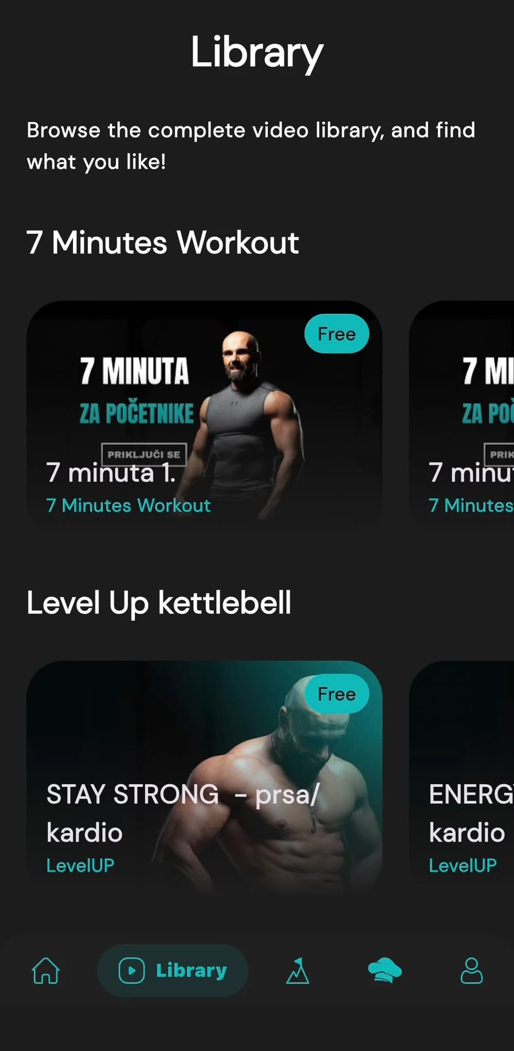 The app's video library, with the 7 Minutes Workout and Level Up kettlebell series.