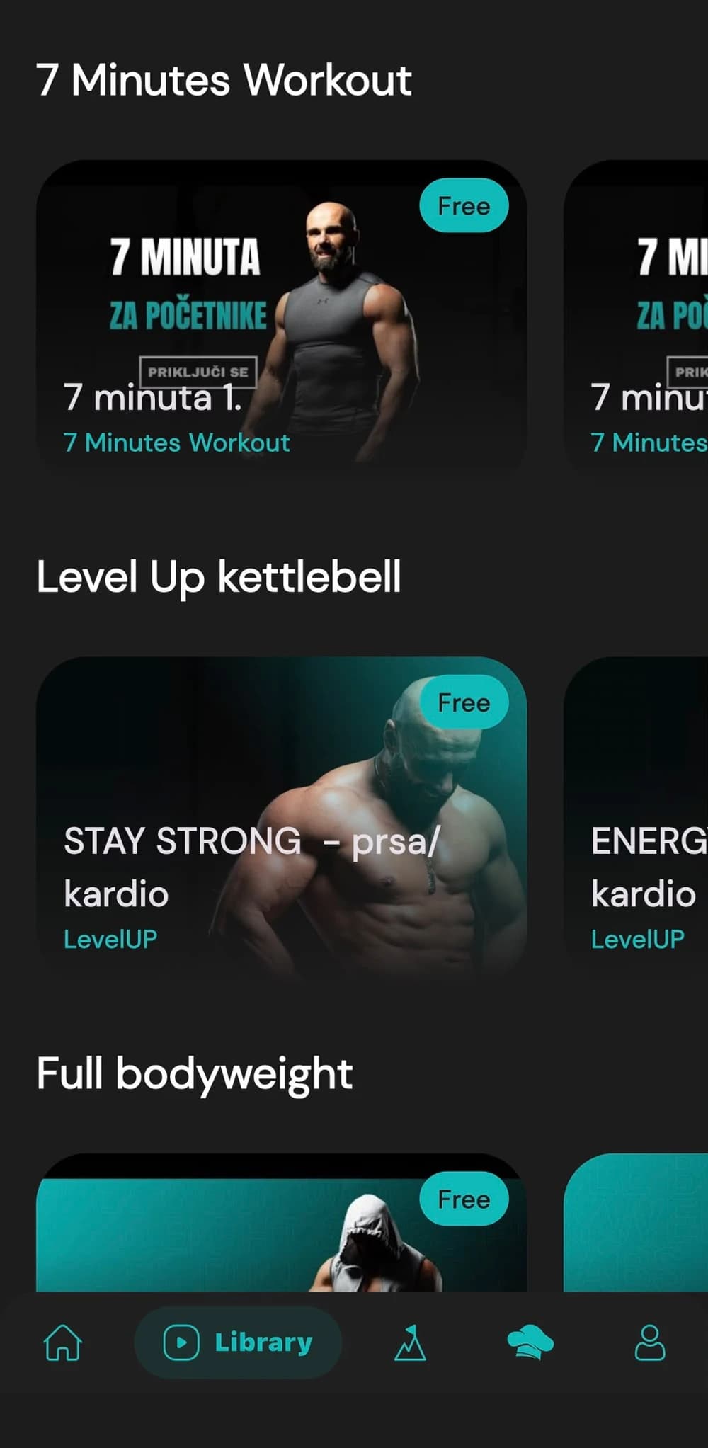 The app's training library: 7 Minutes Workout, Level Up kettlebell and full bodyweight series.